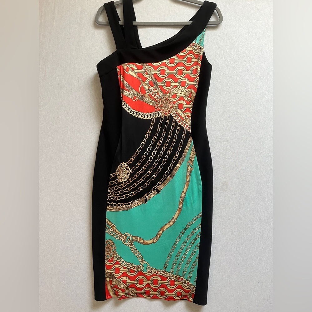 Frank Lyman Chain Belt Print Asymmetrical Black Colorblock Sheath Dress Sz 8